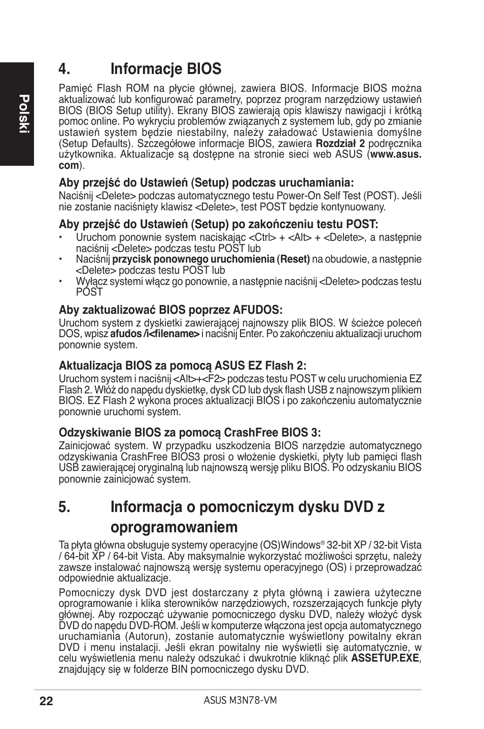 Informacje bios, Polski | Asus M3N78-VM User Manual | Page 22 / 38