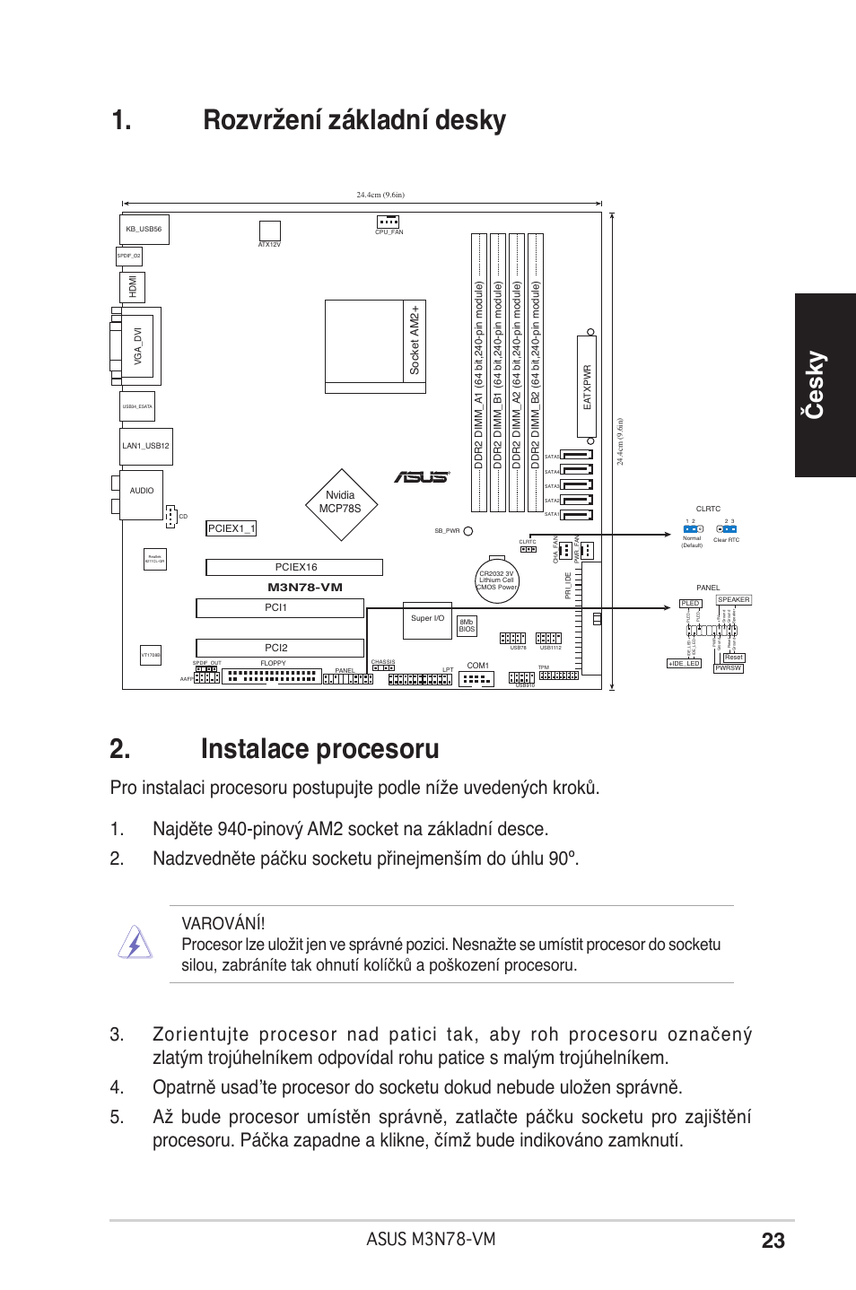 Instalace procesoru, Rozvržení základní desky, Česky | Asus m3n78-vm | Asus M3N78-VM User Manual | Page 23 / 38
