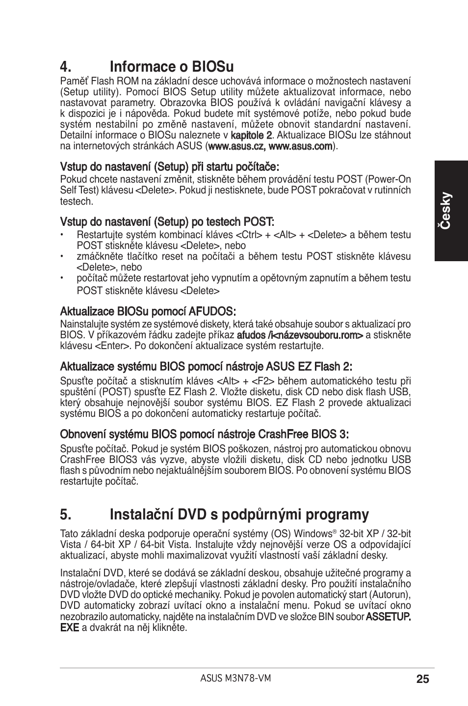 Informace o biosu, Instalační dvd s podpůrnými programy, Česky | Asus M3N78-VM User Manual | Page 25 / 38