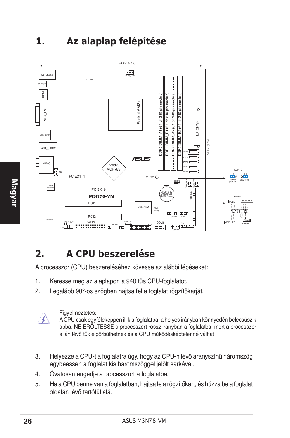 A cpu beszerelése, Az alaplap felépítése, Magyar | Asus m3n78-vm | Asus M3N78-VM User Manual | Page 26 / 38