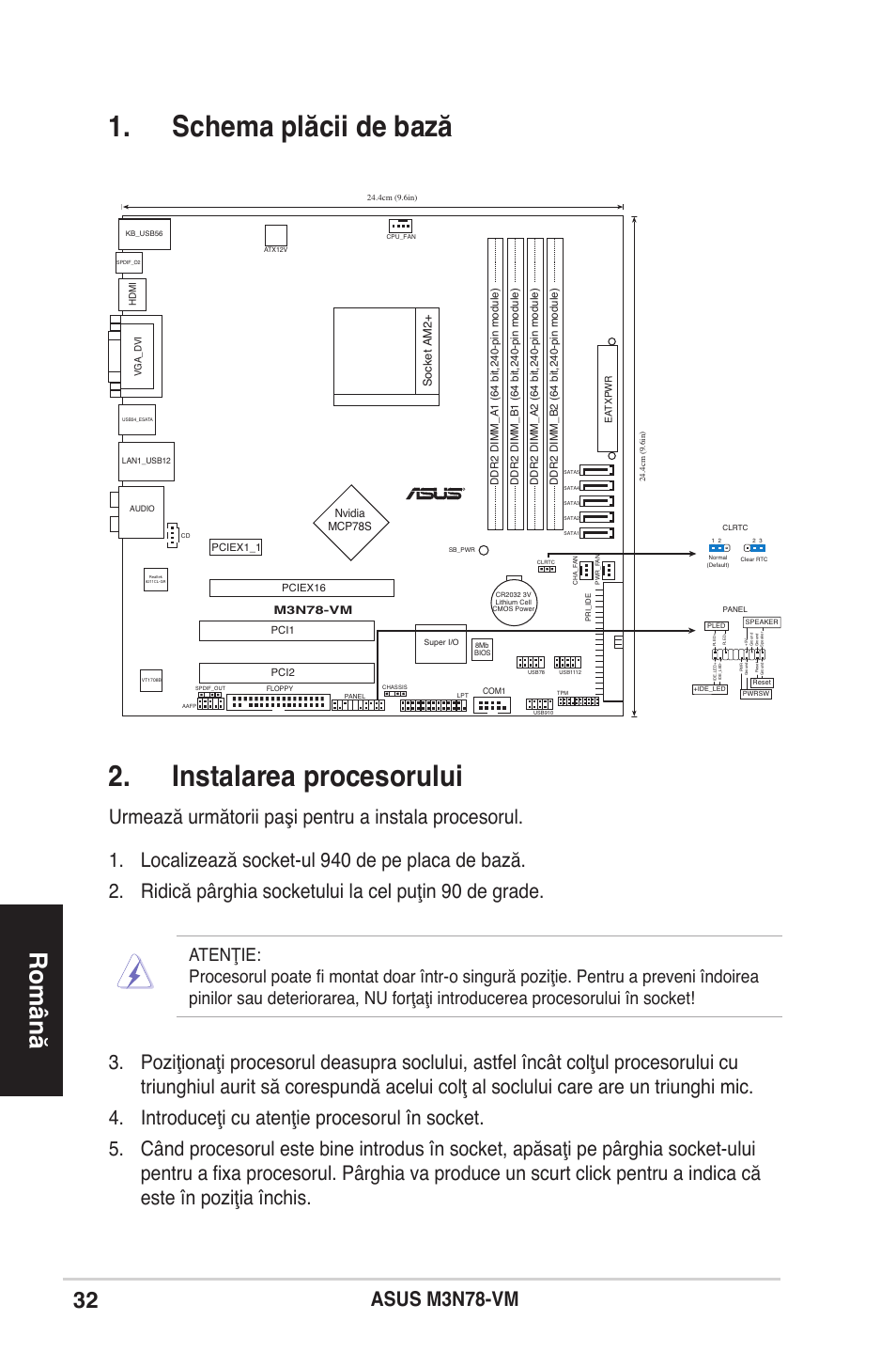 Schema plăcii de bază 2. instalarea procesorului, Română | Asus M3N78-VM User Manual | Page 32 / 38