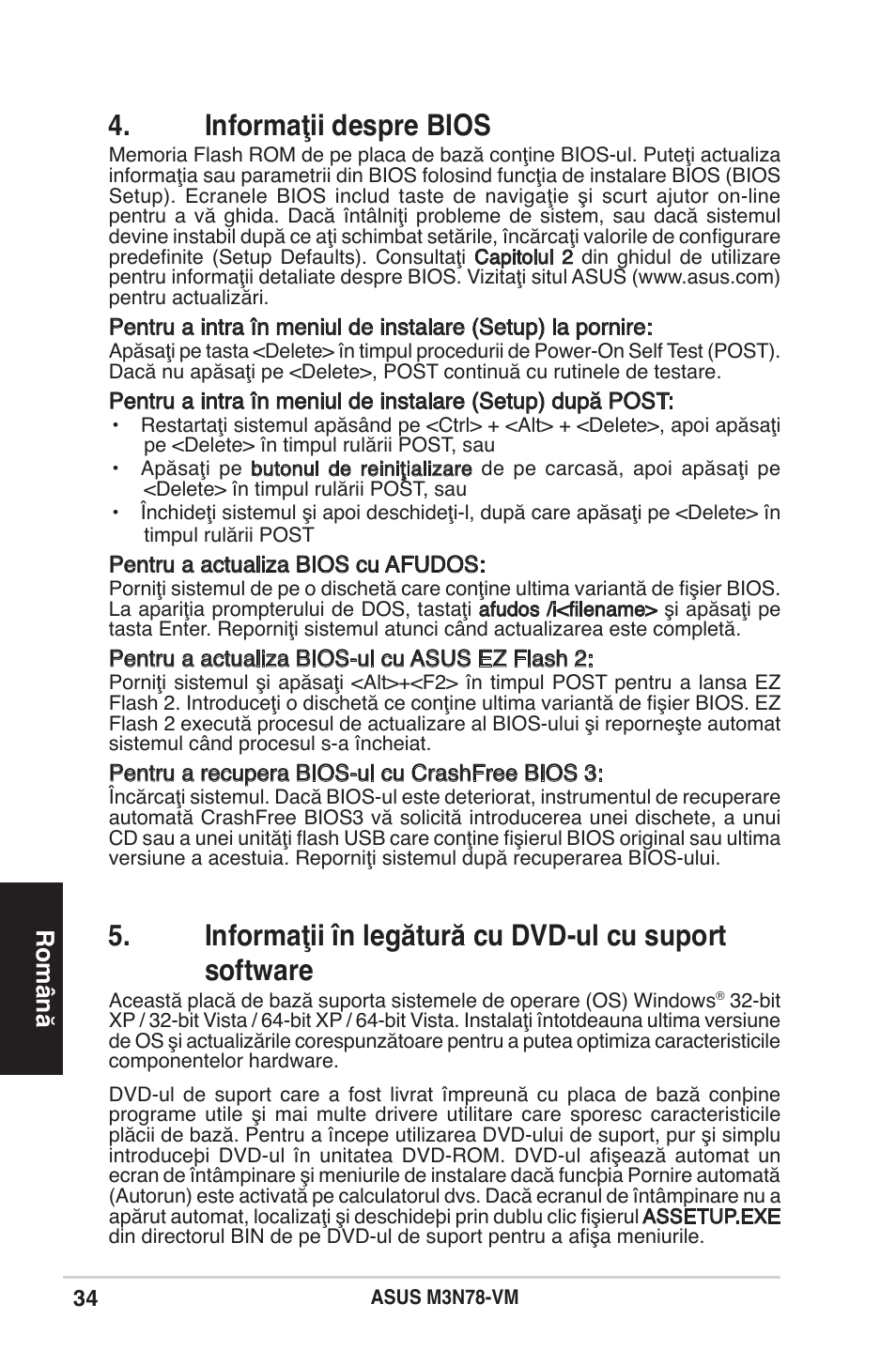 Informaţii despre bios, Română | Asus M3N78-VM User Manual | Page 34 / 38