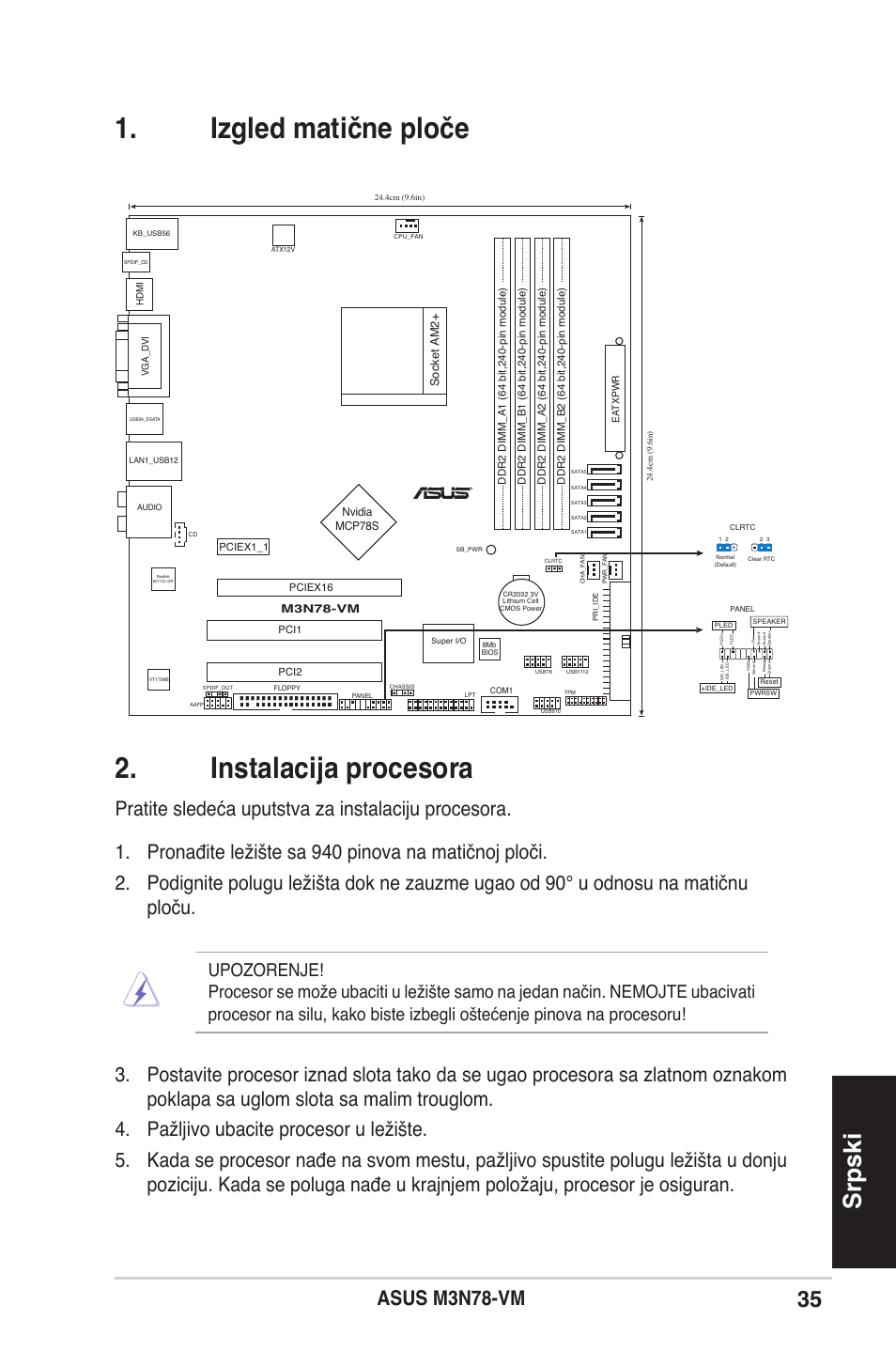 Izgled matične ploče 2. instalacija procesora, Srpski, Asus m3n-vm | Asus M3N78-VM User Manual | Page 35 / 38