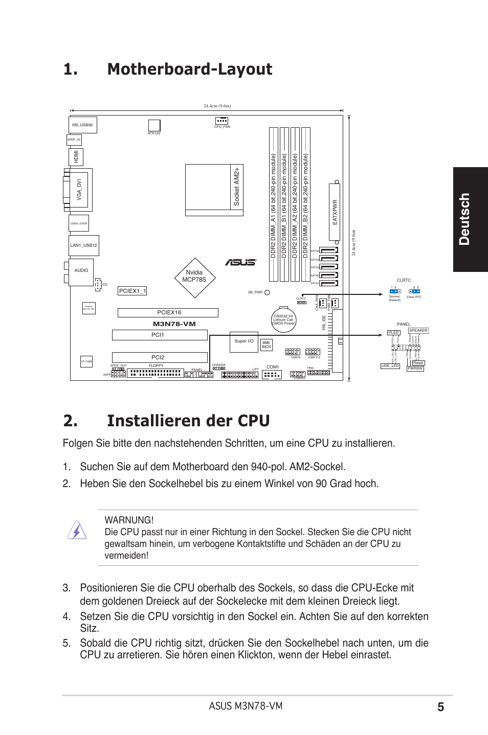 Motherboard-layout 2. installieren der cpu, Deutsch, Asus m3n78-vm | Asus M3N78-VM User Manual | Page 5 / 38