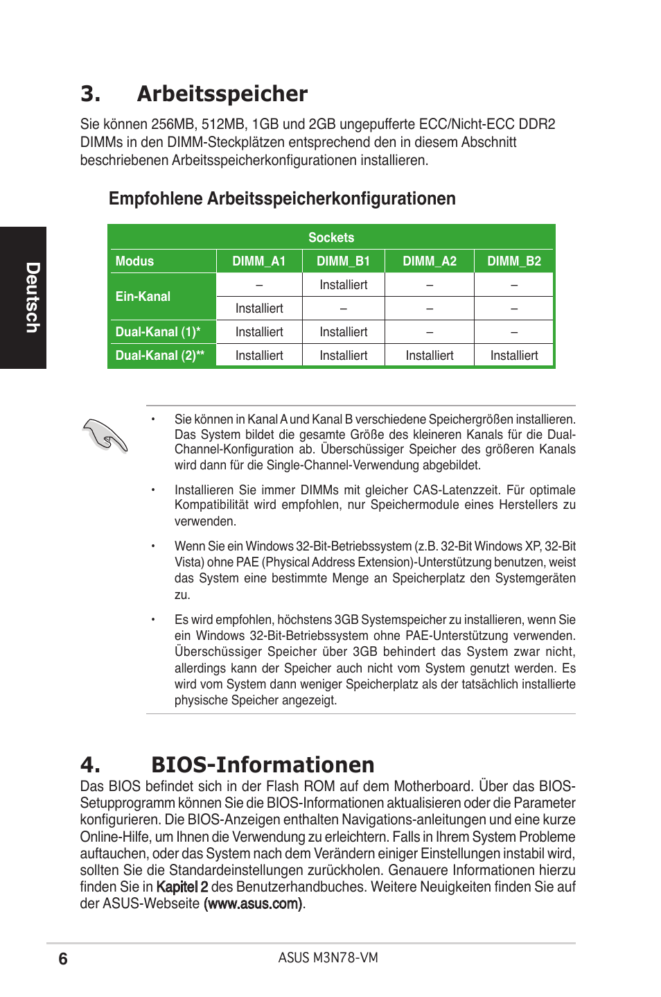 Arbeitsspeicher, Bios-informationen, Deutsch | Empfohlene arbeitsspeicherkonfigurationen | Asus M3N78-VM User Manual | Page 6 / 38