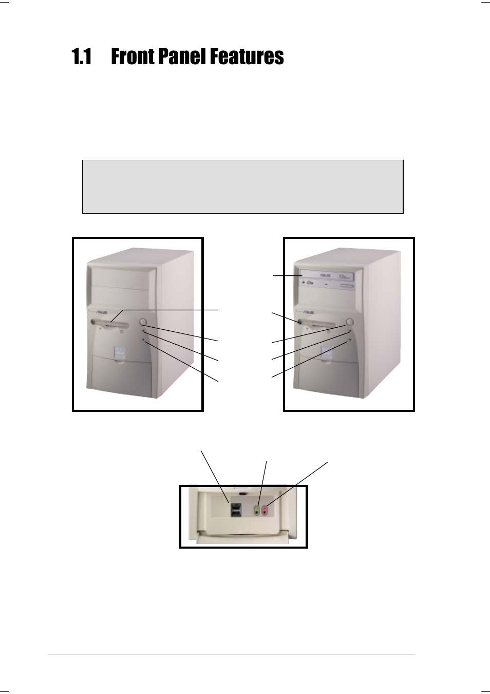 1 front panel features | Asus Terminator K7 User Manual | Page 12 / 110