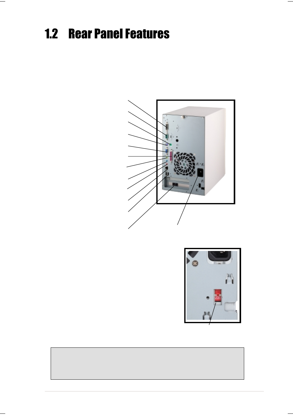 2 rear panel features, Voltage selector | Asus Terminator K7 User Manual | Page 13 / 110