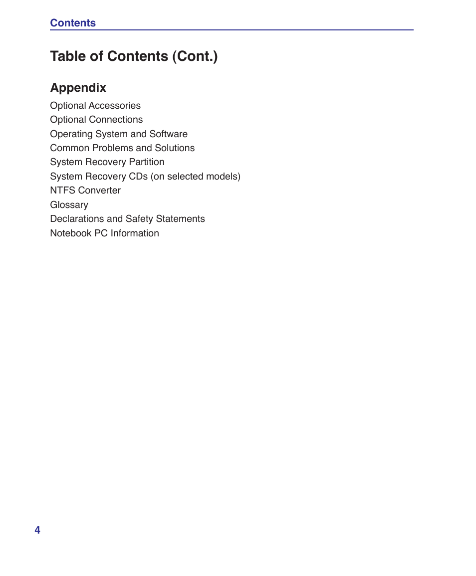 Table of contents (cont.) | Asus U1 User Manual | Page 4 / 91