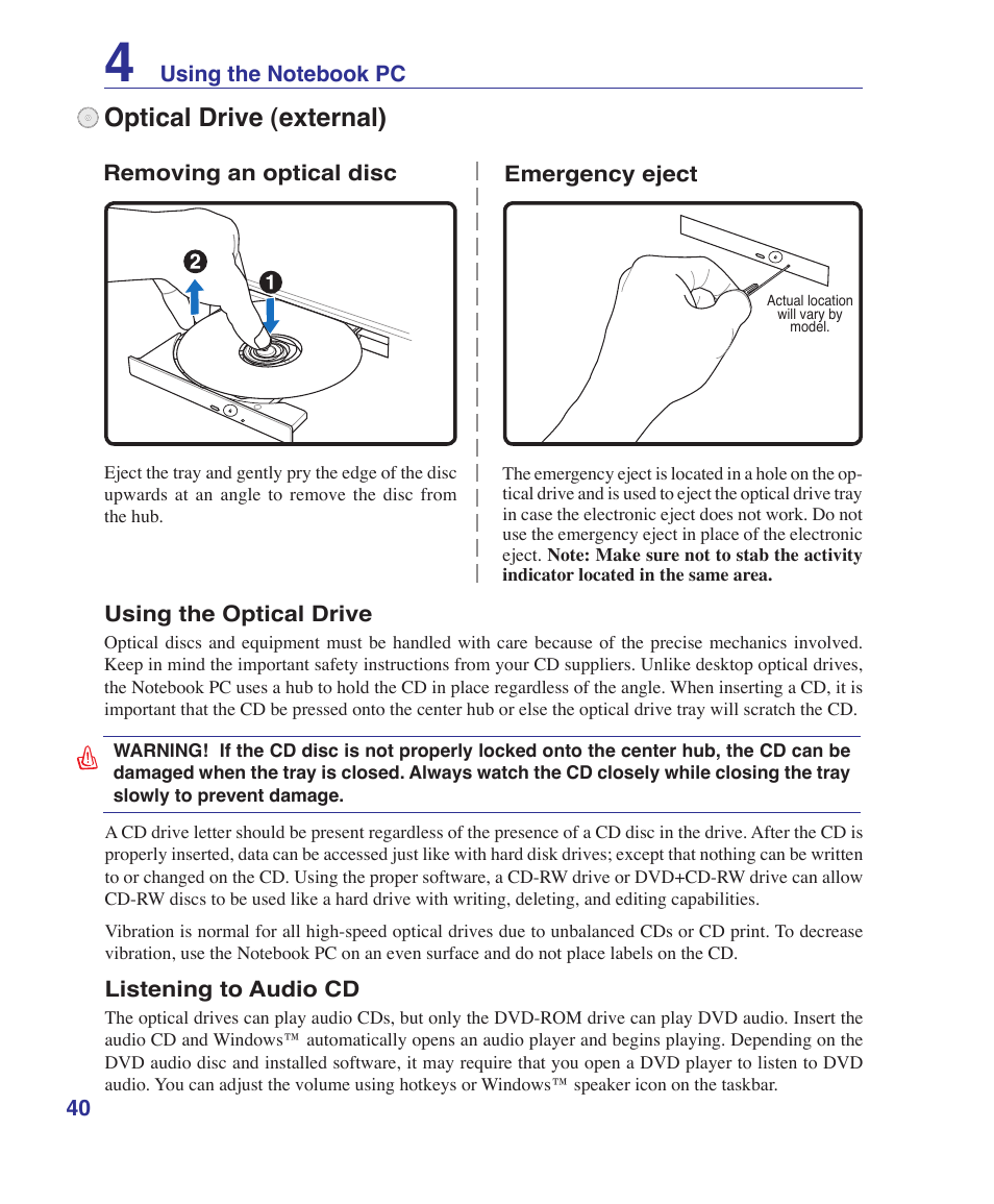 Optical drive (external) | Asus U1 User Manual | Page 40 / 91