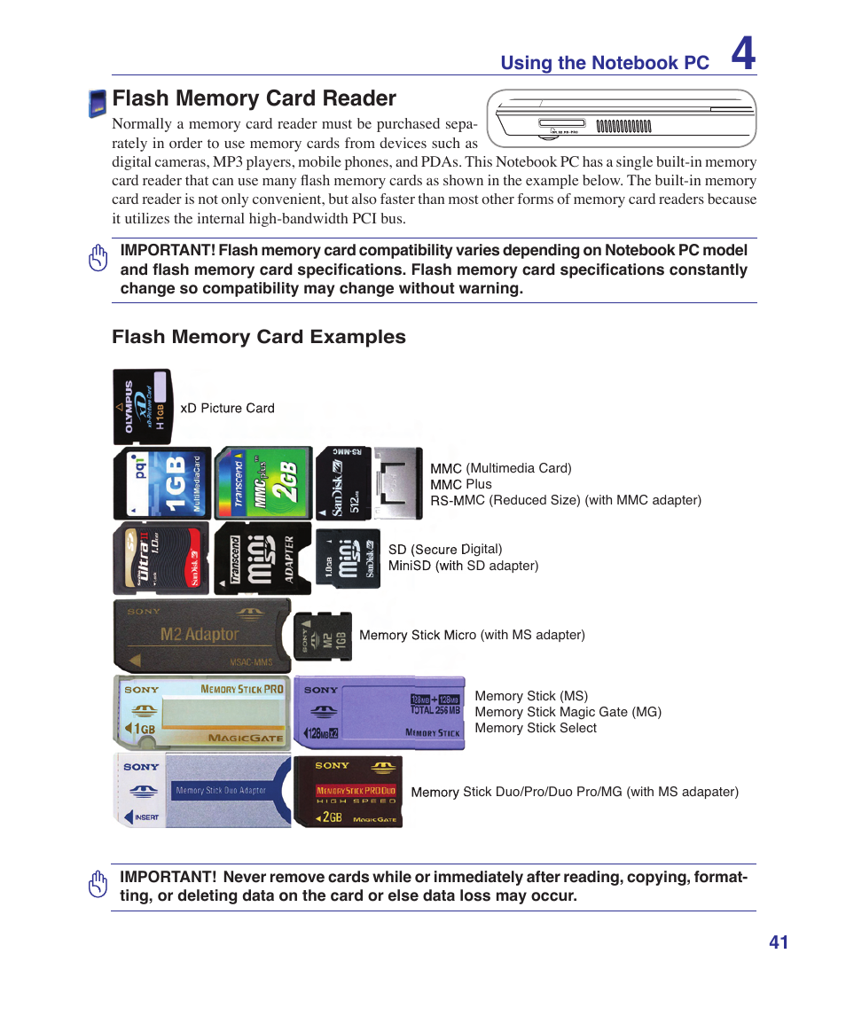 Flash memory card reader | Asus U1 User Manual | Page 41 / 91