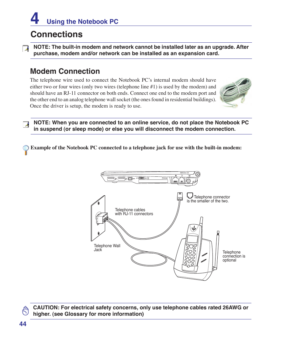 Connections, Modem connection | Asus U1 User Manual | Page 44 / 91