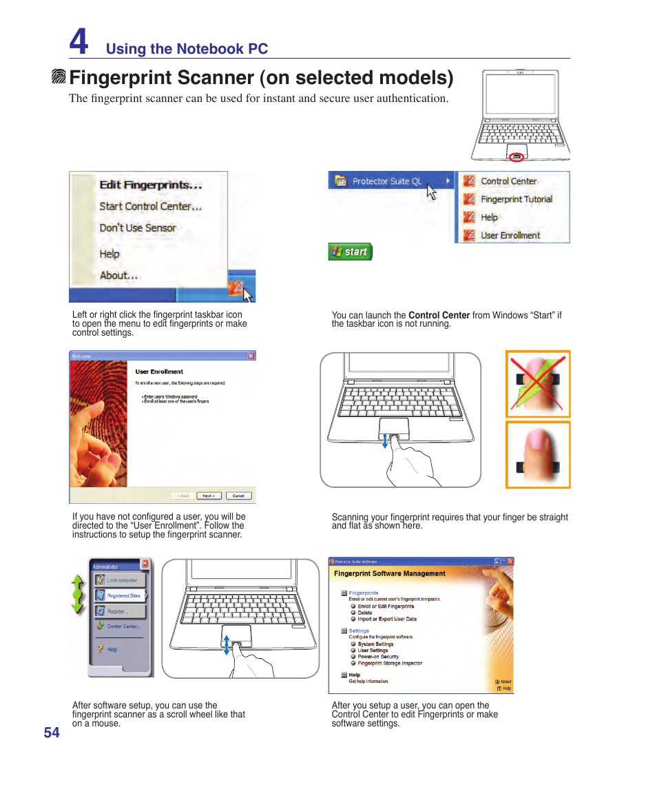 Fingerprint scanner (on selected models) | Asus U1 User Manual | Page 54 / 91