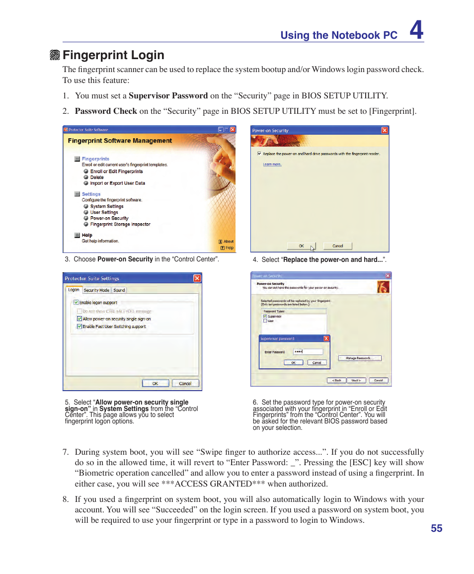 Fingerprint login | Asus U1 User Manual | Page 55 / 91