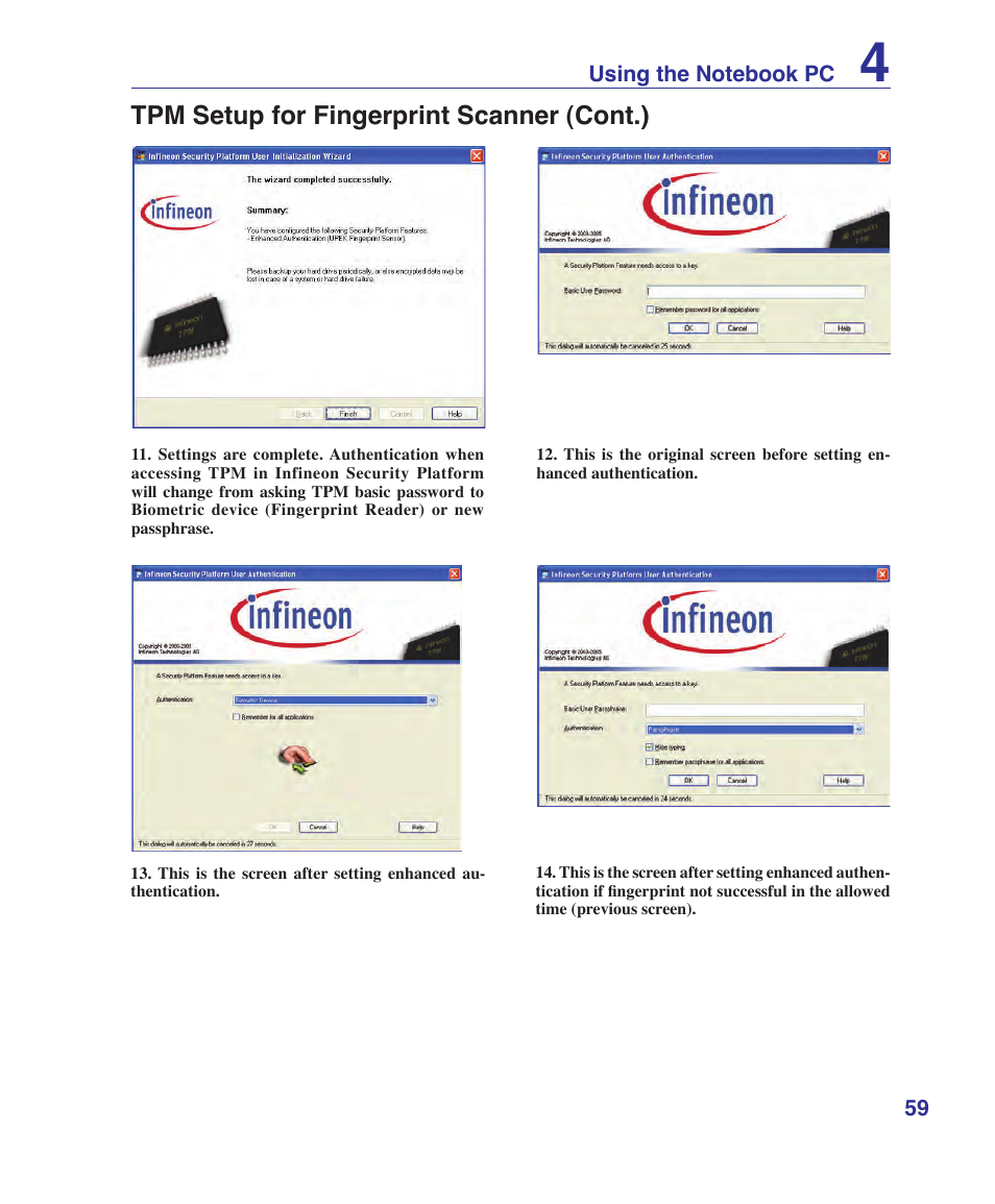 Tpm setup for fingerprint scanner (cont.) | Asus U1 User Manual | Page 59 / 91