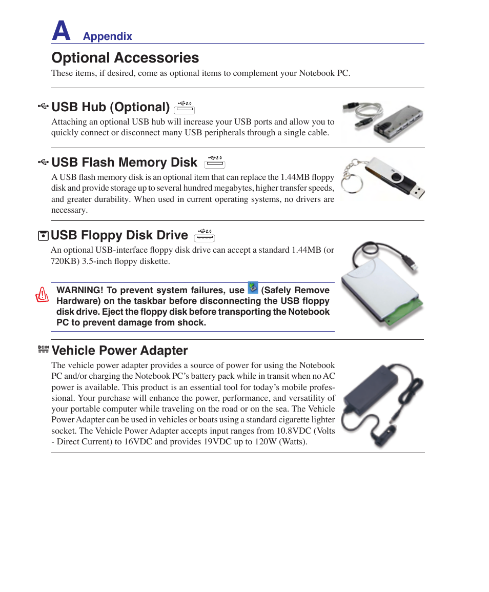 Optional accessories, Usb floppy disk drive, Usb hub (optional) | Vehicle power adapter | Asus U1 User Manual | Page 62 / 91