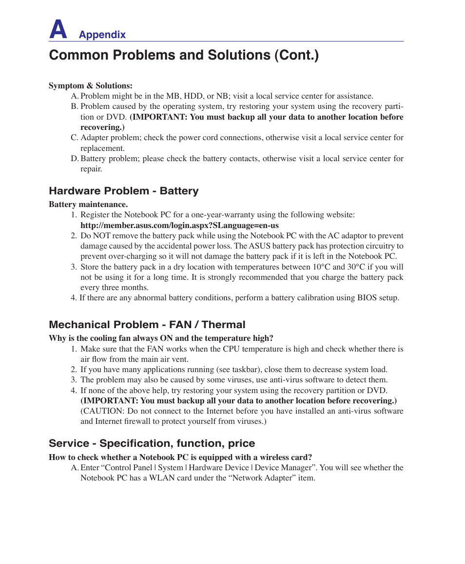 Common problems and solutions (cont.) | Asus U1 User Manual | Page 68 / 91