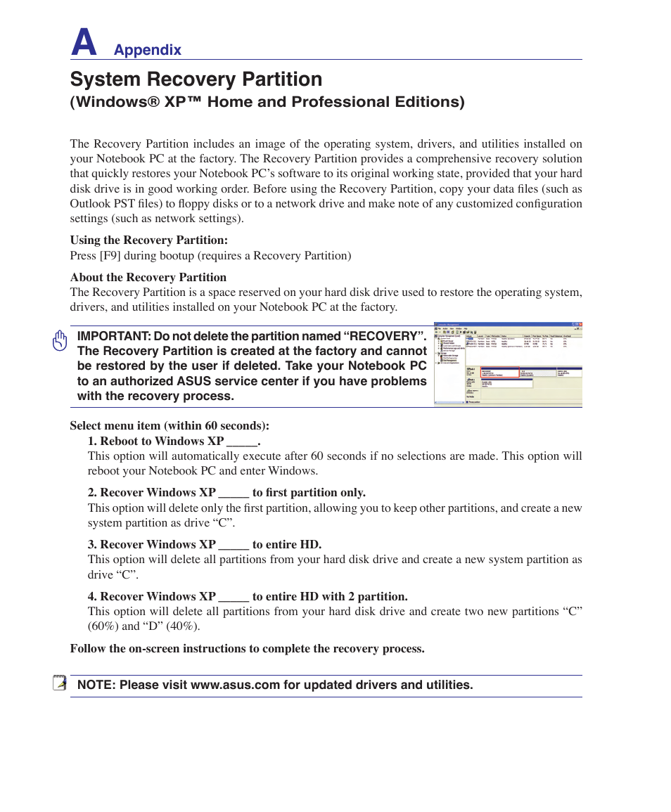 System recovery partition | Asus U1 User Manual | Page 72 / 91