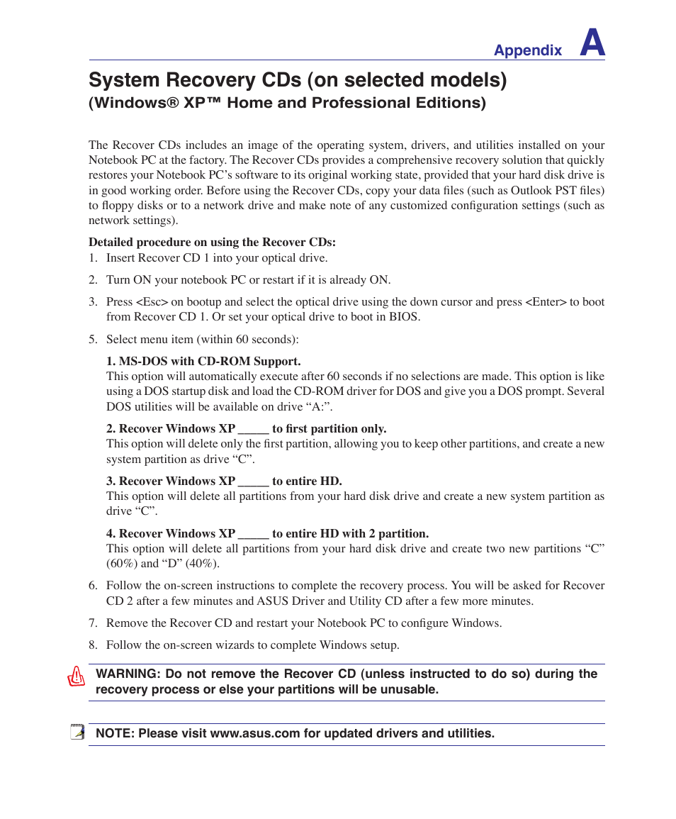 System recovery cds (on selected models) | Asus U1 User Manual | Page 73 / 91