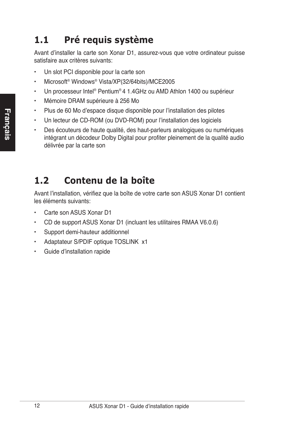 1 pré requis système, 2 contenu de la boîte, Français | Asus Xonar D1 User Manual | Page 12 / 80