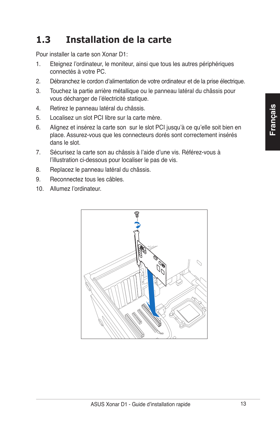 3 installation de la carte, Français | Asus Xonar D1 User Manual | Page 13 / 80
