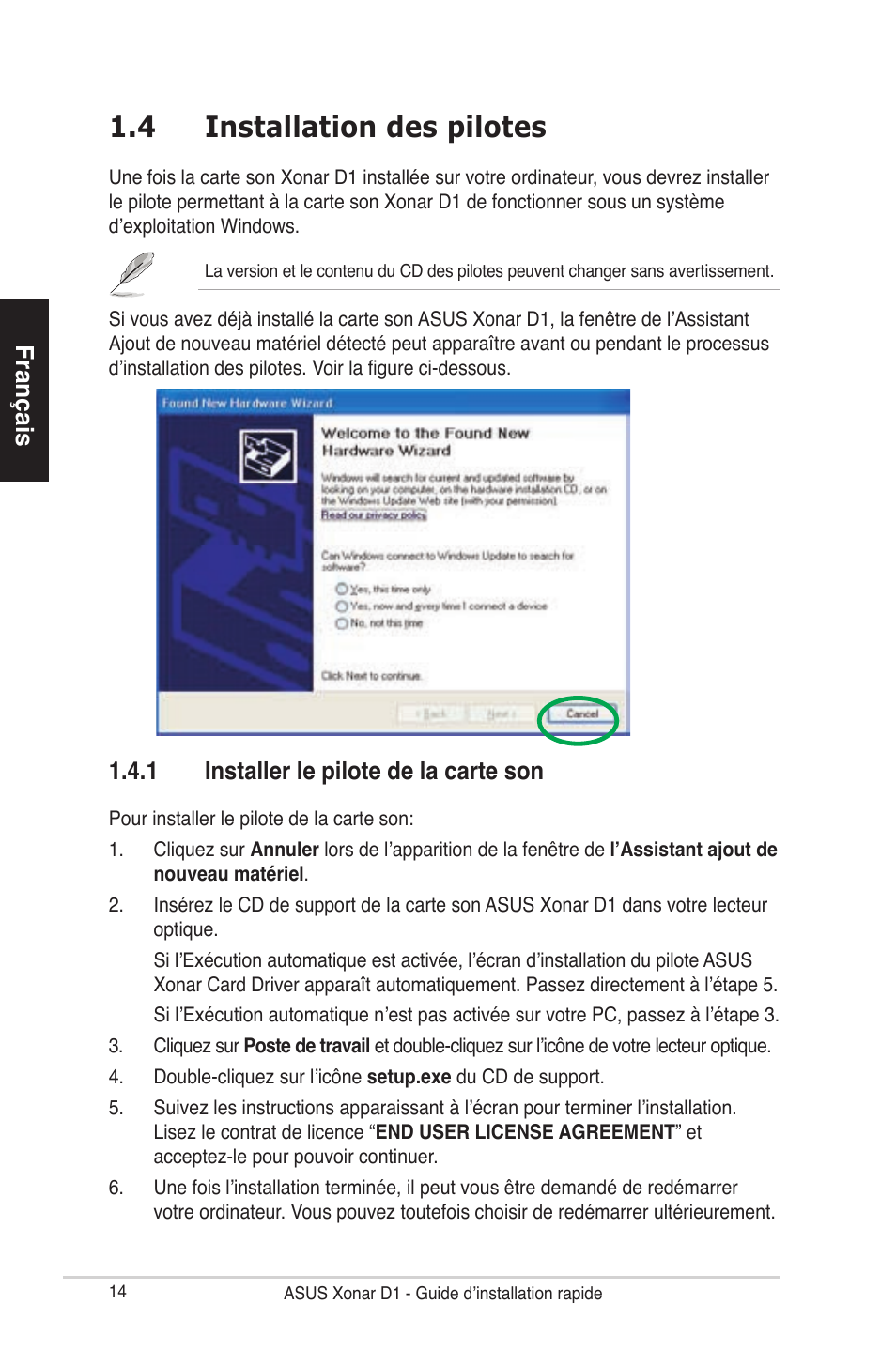 4 installation des pilotes, Français, 1 installer le pilote de la carte son | Asus Xonar D1 User Manual | Page 14 / 80