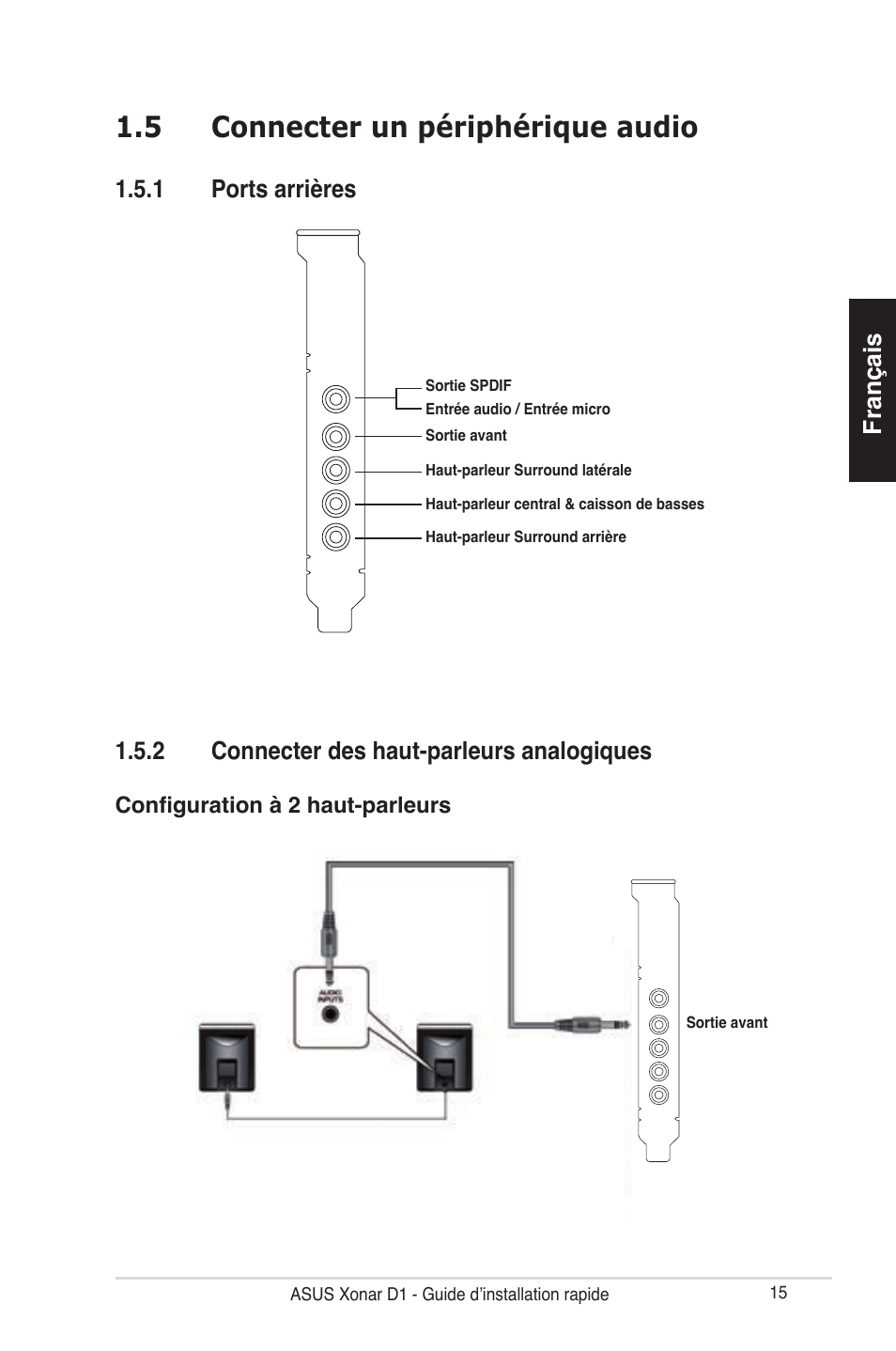 5 connecter un périphérique audio, Français, 2 connecter des haut-parleurs analogiques | 1 ports arrières | Asus Xonar D1 User Manual | Page 15 / 80