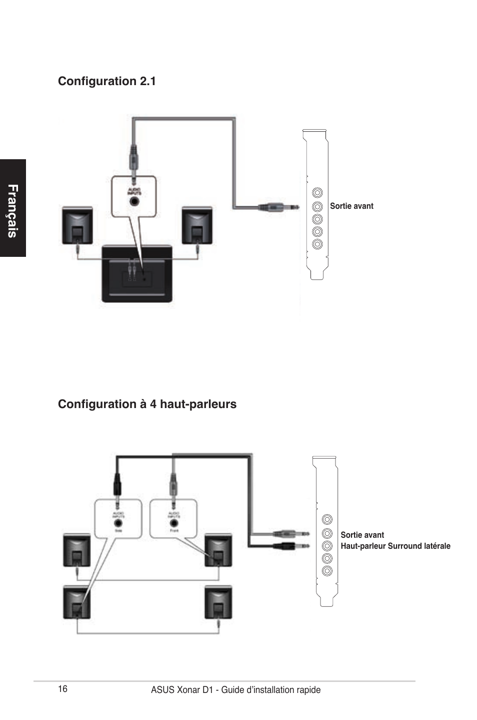 Français, Configuration à 4 haut-parleurs configuration 2.1 | Asus Xonar D1 User Manual | Page 16 / 80