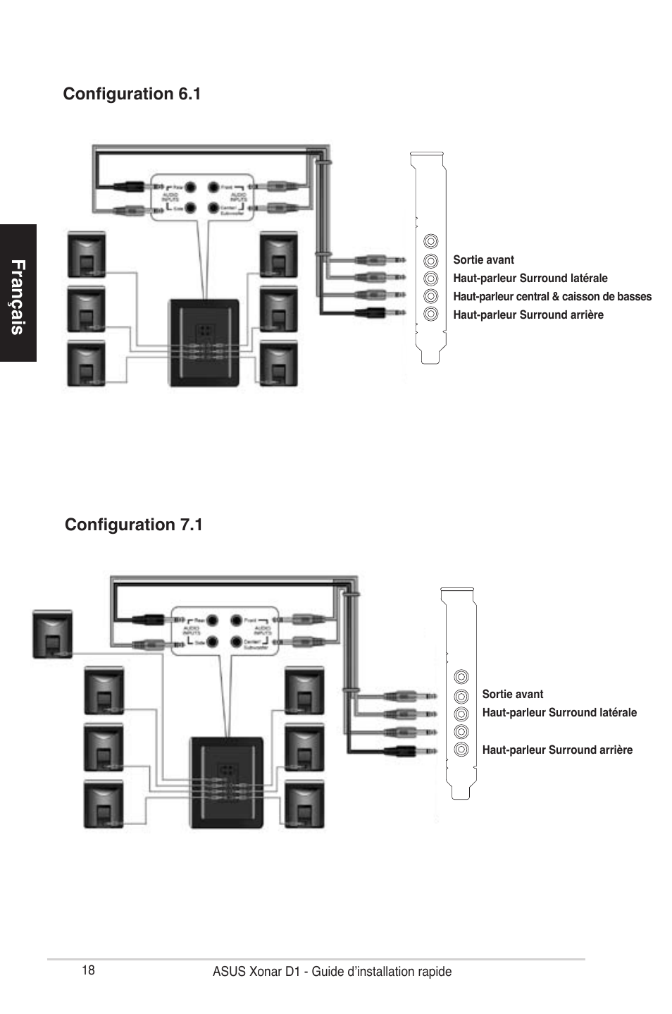 Français, Configuration 7.1 configuration 6.1 | Asus Xonar D1 User Manual | Page 18 / 80