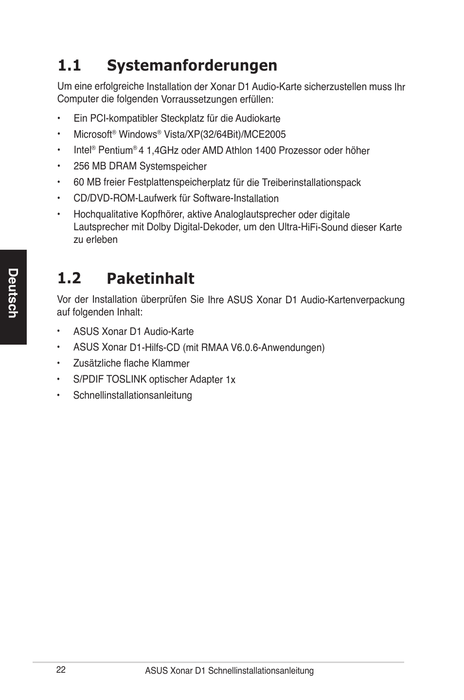 1 systemanforderungen, 2 paketinhalt, Deutsch | Asus Xonar D1 User Manual | Page 22 / 80