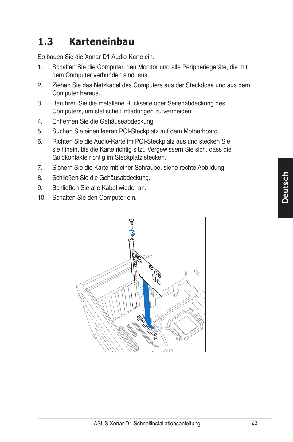 3 karteneinbau, Deutsch | Asus Xonar D1 User Manual | Page 23 / 80