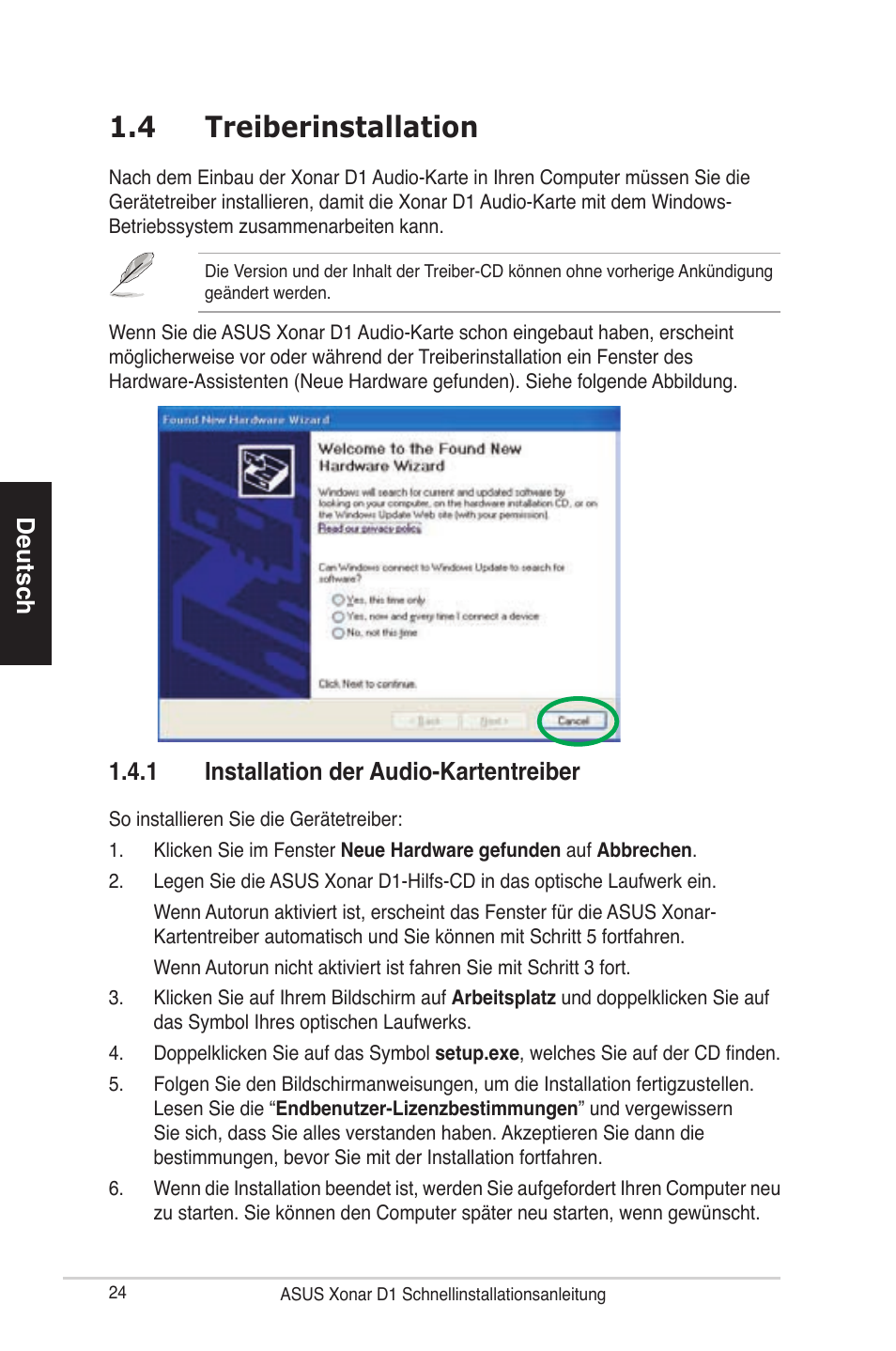 4 treiberinstallation, Deutsch, 1 installation der audio-kartentreiber | Asus Xonar D1 User Manual | Page 24 / 80