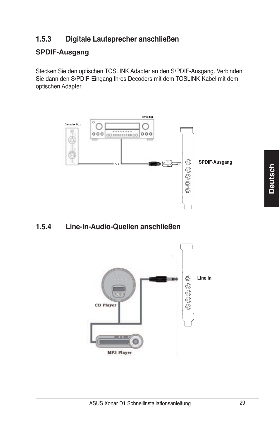 Deutsch 1.5.3 digitale lautsprecher anschließen, 4 line-in-audio-quellen anschließen | Asus Xonar D1 User Manual | Page 29 / 80