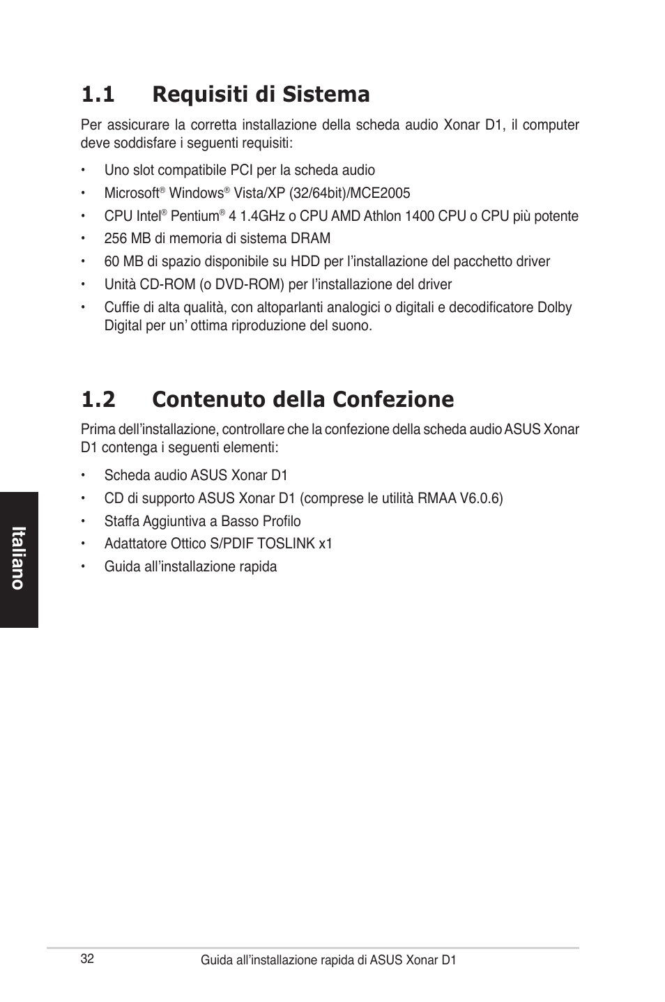 1 requisiti di sistema, 2 contenuto della confezione, Italiano | Asus Xonar D1 User Manual | Page 32 / 80