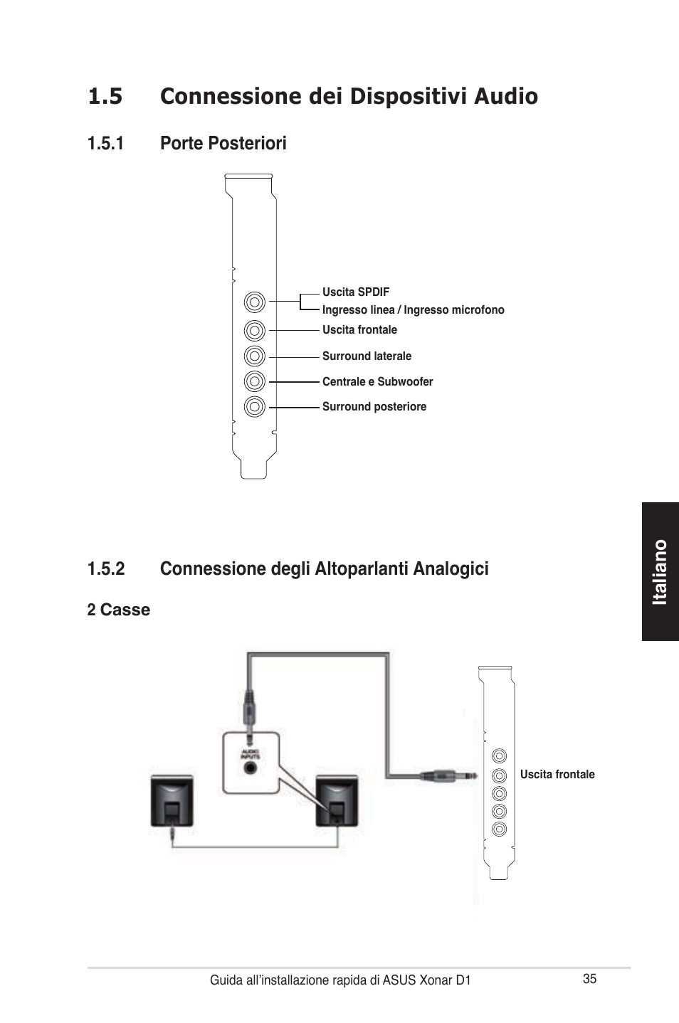 5 connessione dei dispositivi audio, Italiano, 2 connessione degli altoparlanti analogici | 1 porte posteriori | Asus Xonar D1 User Manual | Page 35 / 80