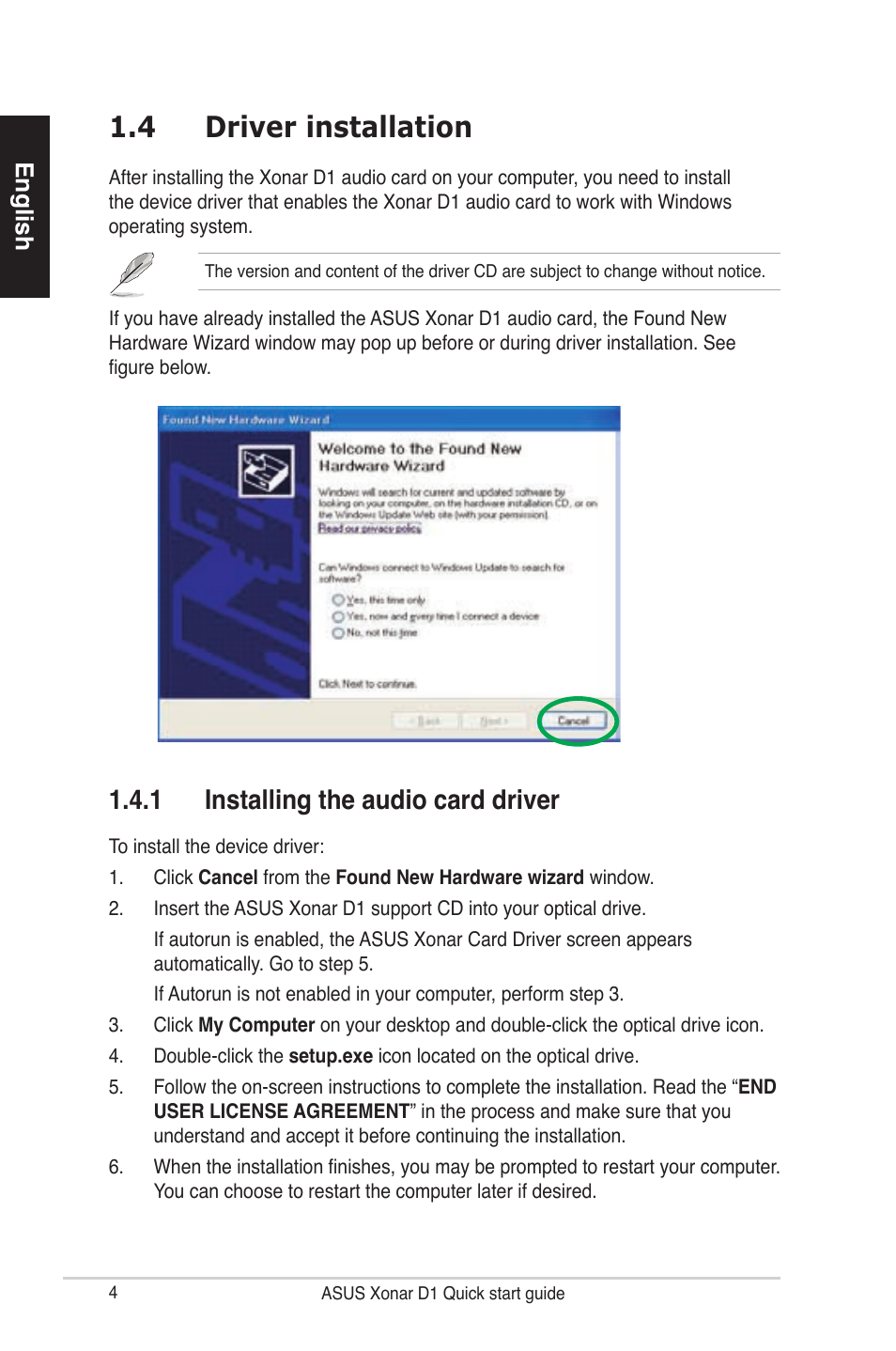 4 driver installation, 1 installing the audio card driver, English | Asus Xonar D1 User Manual | Page 4 / 80