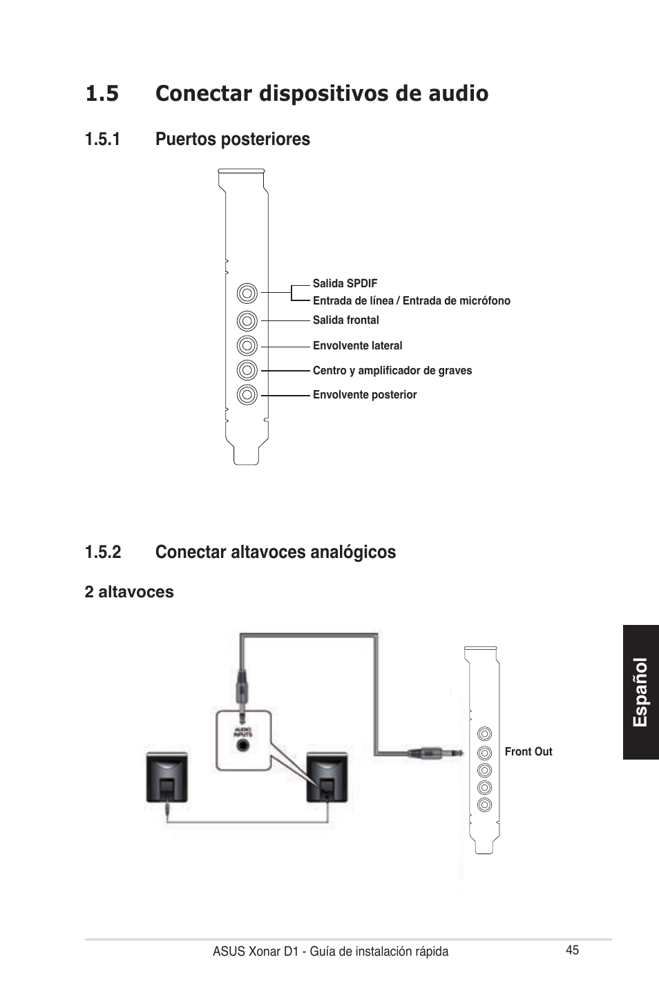 5 conectar dispositivos de audio, Español, 2 conectar altavoces analógicos | 1 puertos posteriores | Asus Xonar D1 User Manual | Page 45 / 80