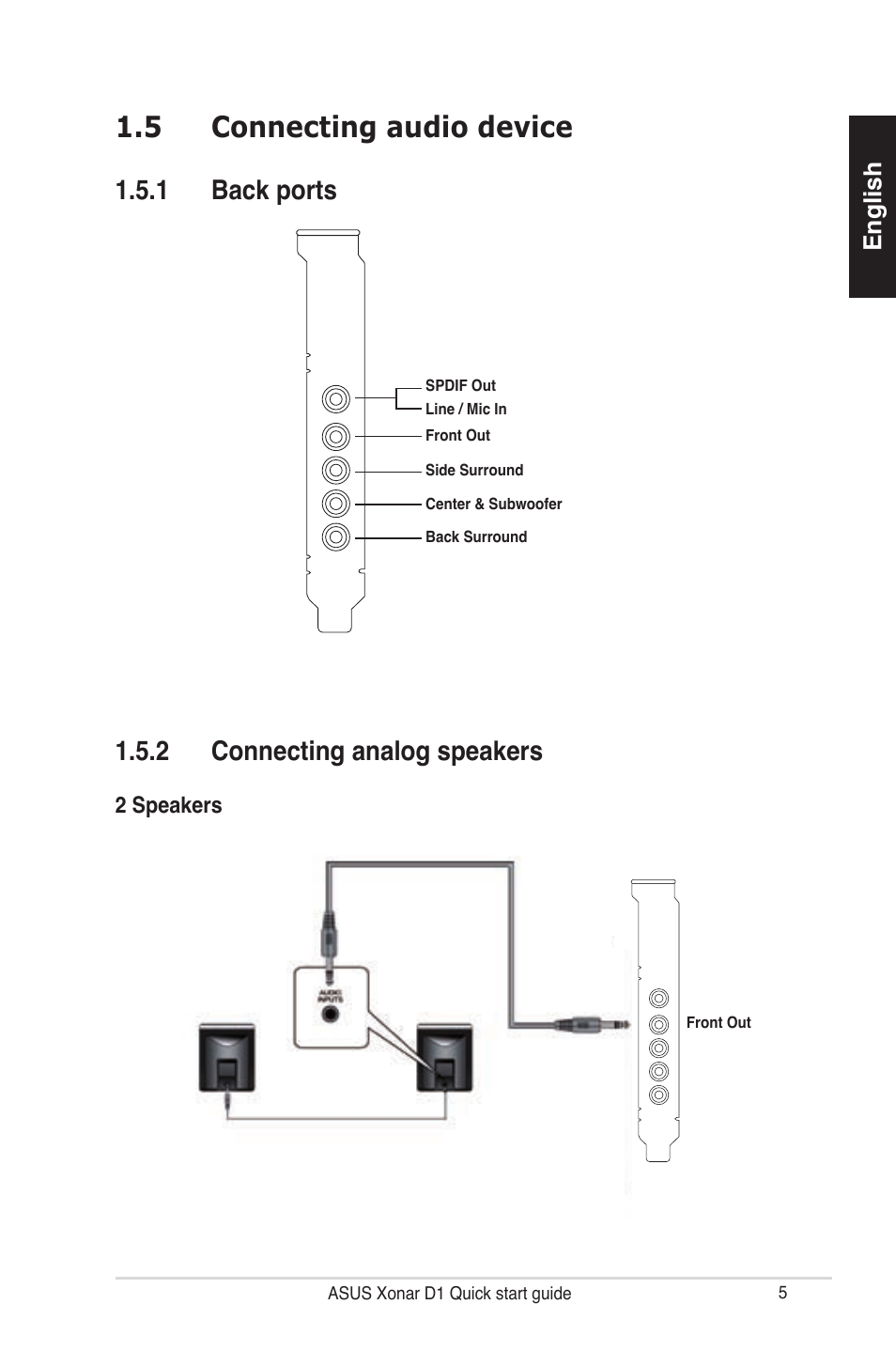 5 connecting audio device, 2 connecting analog speakers, 1 back ports | English | Asus Xonar D1 User Manual | Page 5 / 80