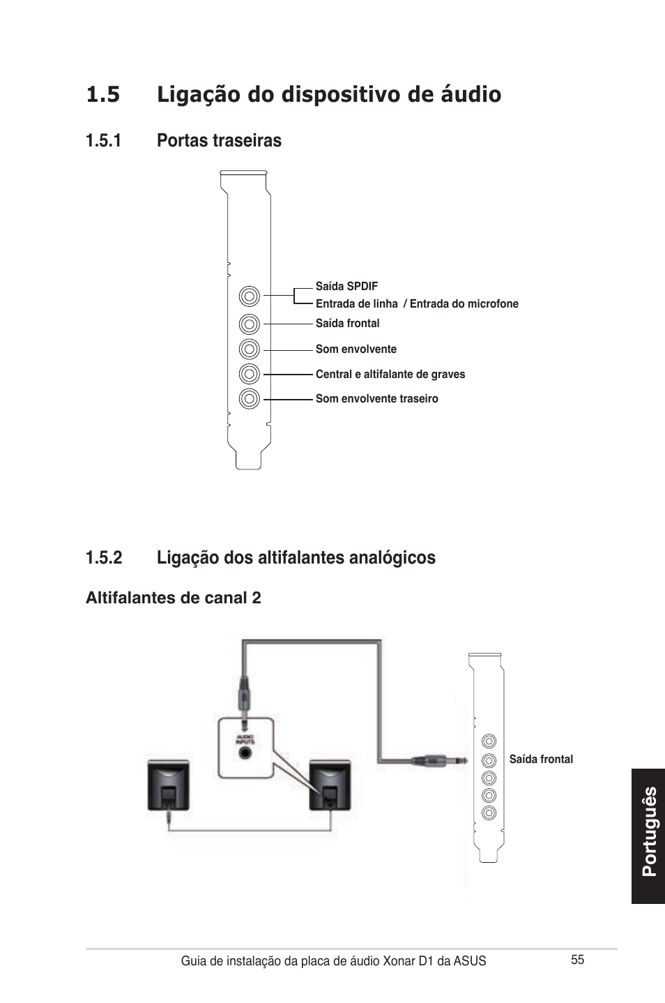 5 ligação do dispositivo de áudio, Português, 2 ligação dos altifalantes analógicos | 1 portas traseiras | Asus Xonar D1 User Manual | Page 55 / 80
