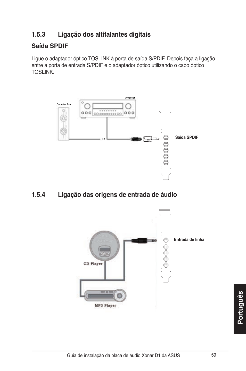 Português 1.5.3 ligação dos altifalantes digitais, 4 ligação das origens de entrada de áudio | Asus Xonar D1 User Manual | Page 59 / 80