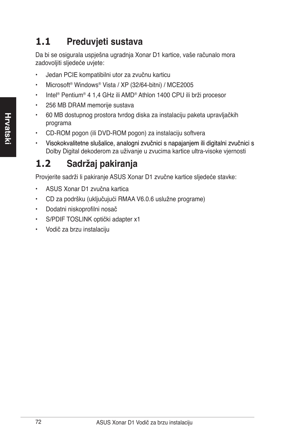 1 preduvjeti sustava, 2 sadržaj pakiranja, Hrvatski | Asus Xonar D1 User Manual | Page 72 / 80