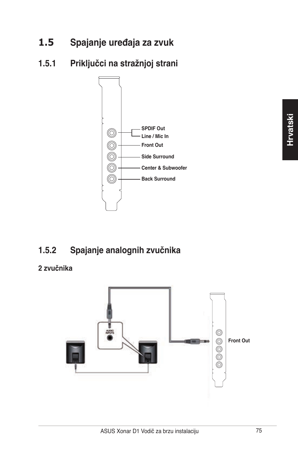 5 spajanje uređaja za zvuk, 2 spajanje analognih zvučnika, 1 priključci na stražnjoj strani | Hrvatski | Asus Xonar D1 User Manual | Page 75 / 80