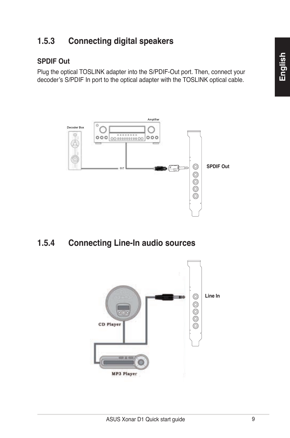 3 connecting digital speakers, 4 connecting line-in audio sources, English | Asus Xonar D1 User Manual | Page 9 / 80