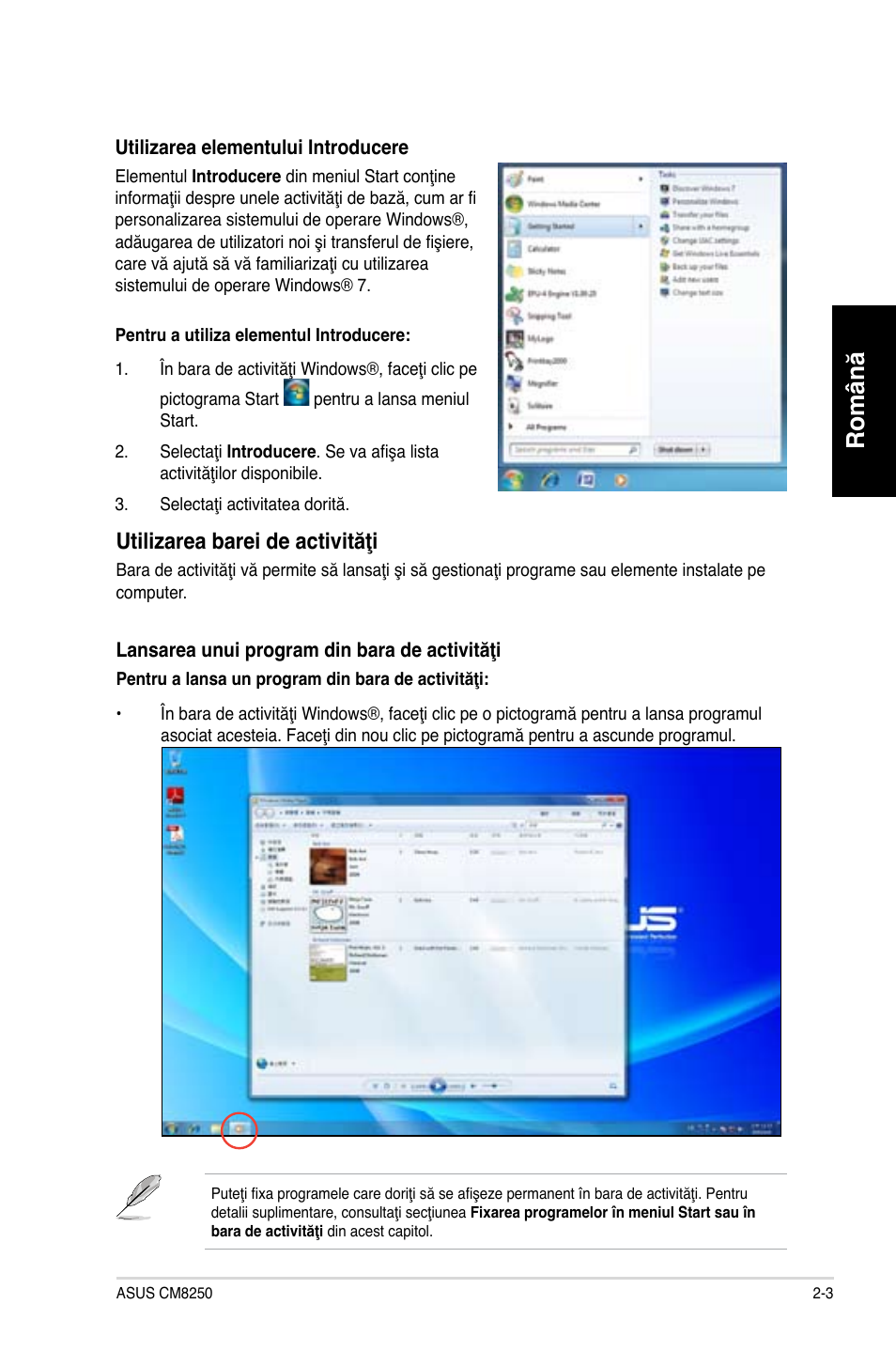 Română, Utilizarea barei de activităţi | Asus CG8250 User Manual | Page 101 / 243