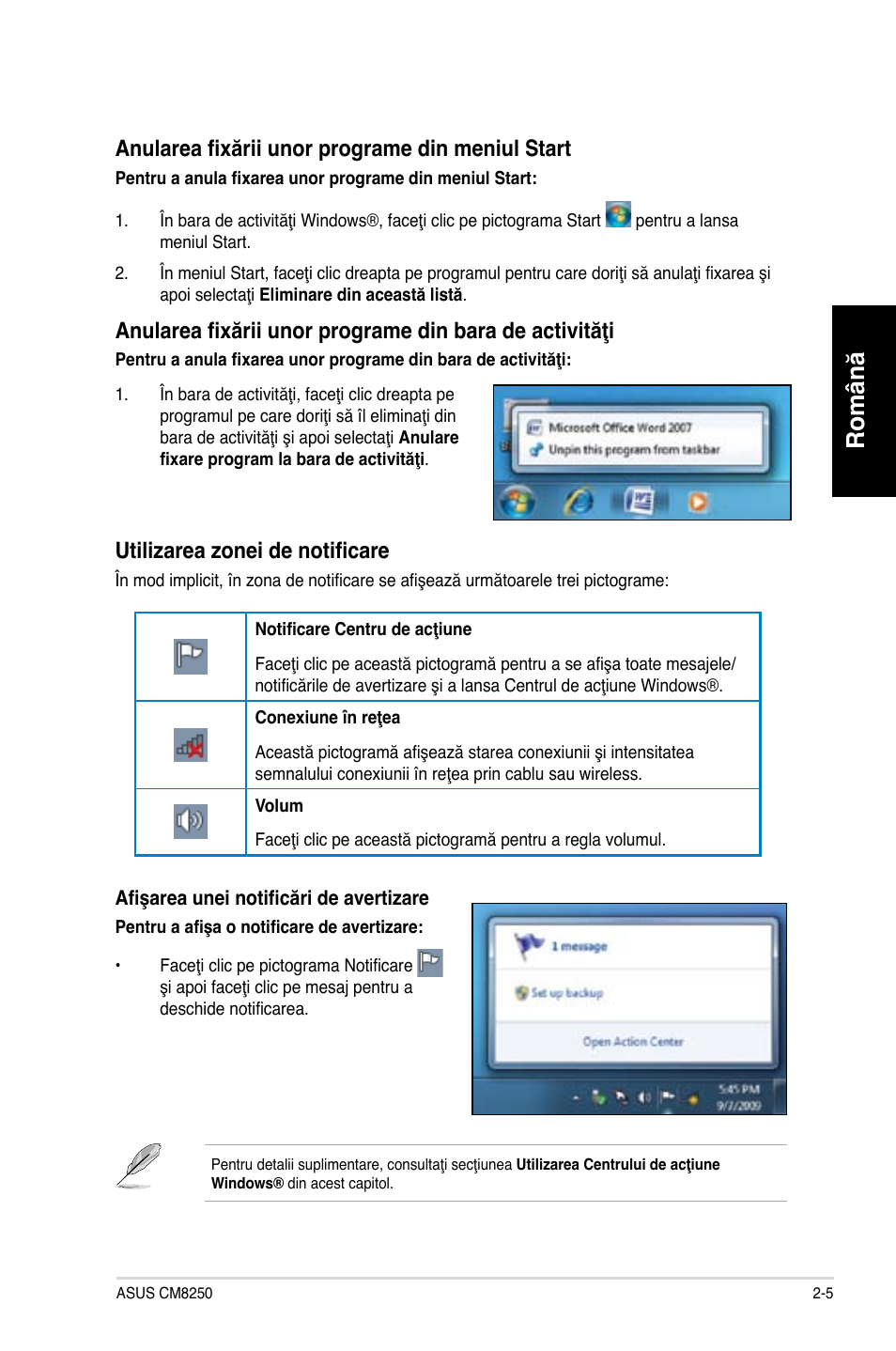 Română, Anularea fixării unor programe din meniul start, Utilizarea zonei de notificare | Asus CG8250 User Manual | Page 103 / 243