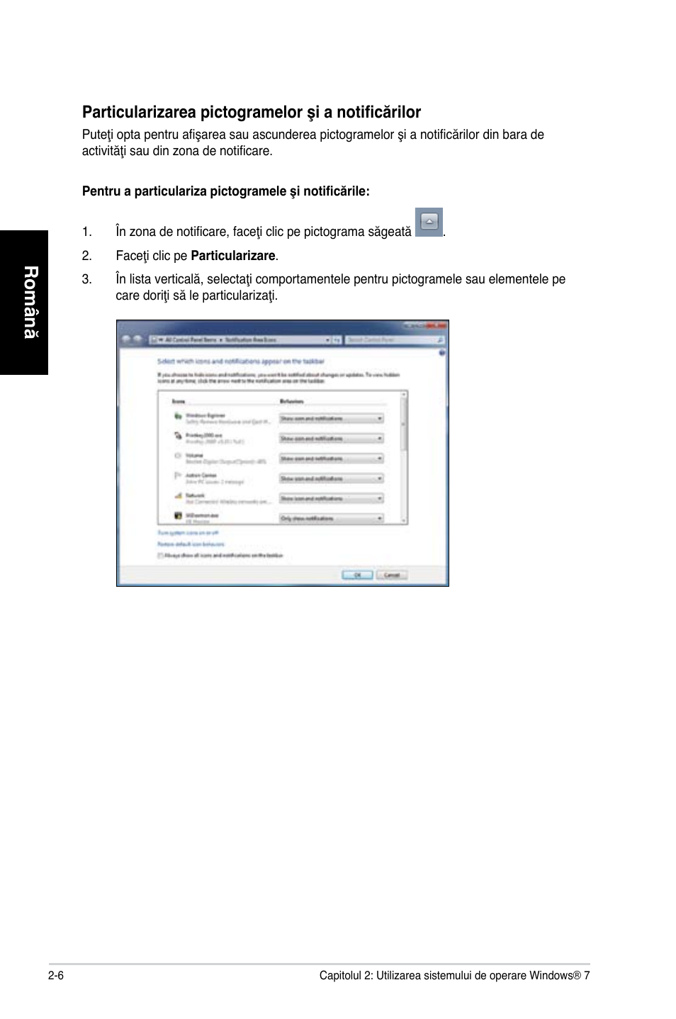 Română, Particularizarea pictogramelor şi a notificărilor | Asus CG8250 User Manual | Page 104 / 243