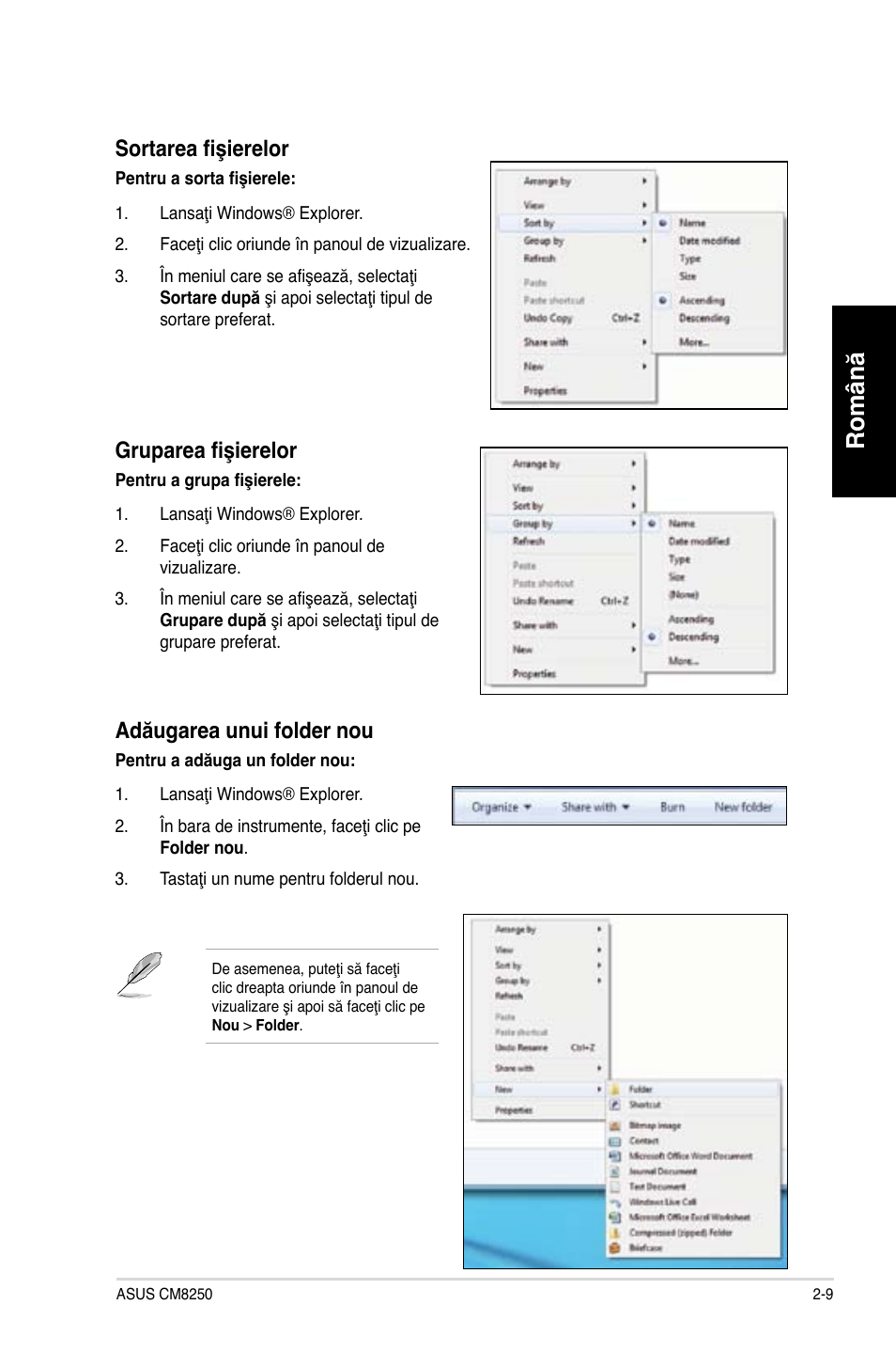 Română, Sortarea fişierelor, Gruparea fişierelor | Adăugarea unui folder nou | Asus CG8250 User Manual | Page 107 / 243