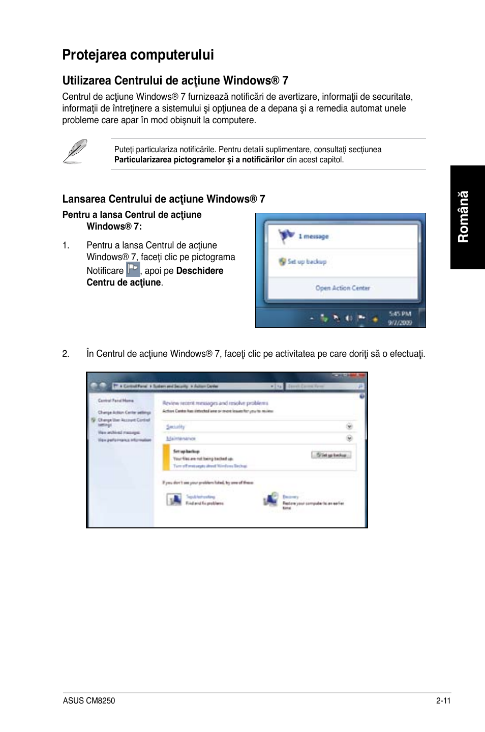 Protejarea computerului, Română, Utilizarea centrului de acţiune windo�s® 7 | Asus CG8250 User Manual | Page 109 / 243