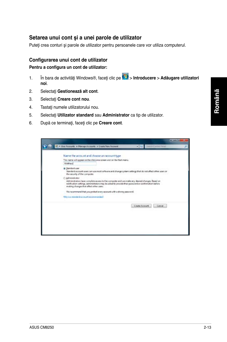 Română, Setarea unui cont şi a unei parole de utilizator | Asus CG8250 User Manual | Page 111 / 243
