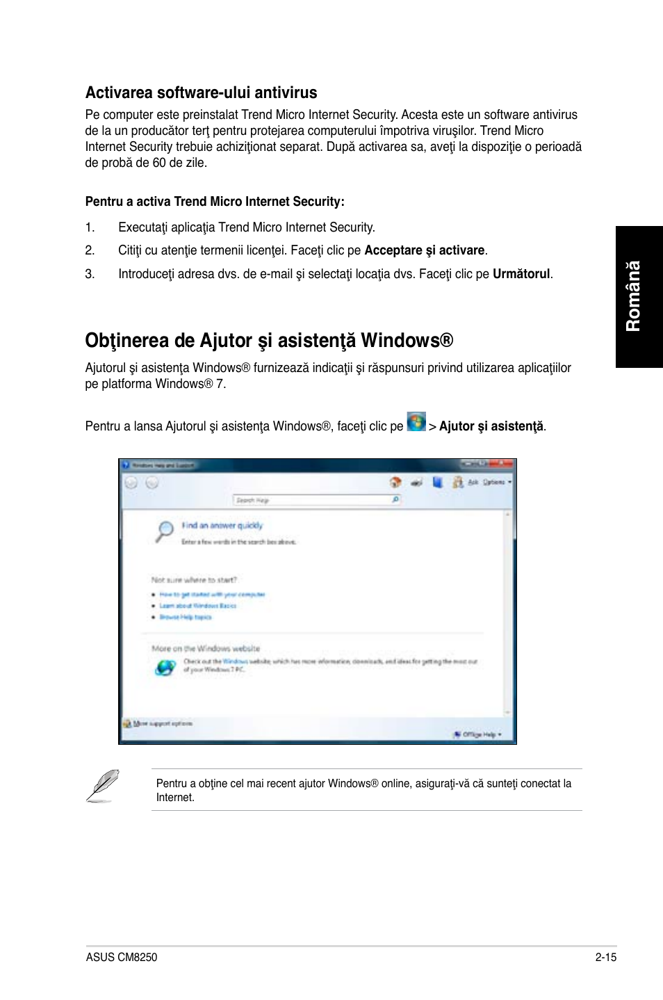 Obţinerea de ajutor şi asistenţă windo�s, Română, Activarea soft�are-ului antivirus | Asus CG8250 User Manual | Page 113 / 243