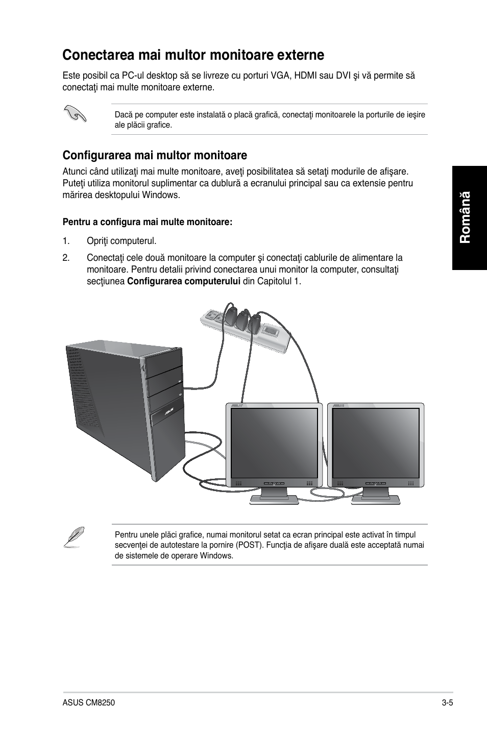 Conectarea mai multor monitoare externe, Română, Configurarea mai multor monitoare | Asus CG8250 User Manual | Page 119 / 243